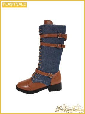 Women's Mid Calf Lace Up Combat Boots Leather Low Heel Riding Boots